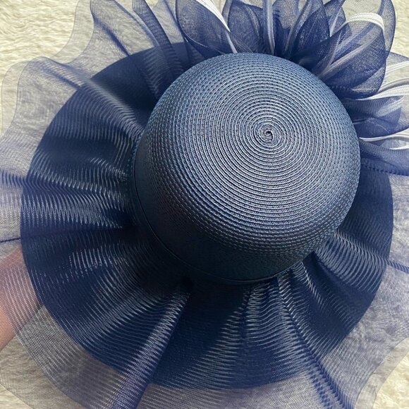 NEW Derby Hat Church Formal Dress Navy Royal Blue and White Feather Fascinator - Picture 9 of 10